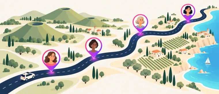 Illustration : une route qui traverse la campagne jusqu'à la mer, avec des personnes qui attendent tout au long du chemin.